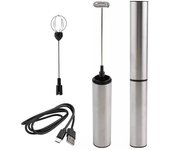 Batidora de mano recargable inalámbrica, batidor eléctrico de acero inoxidable, funciona con pilas, plateado