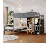 Literas 2 x 90 x 200 cm con escritorio, 4 cajones y estantes - madera de pino + mdf - gris (sin colchón)