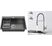 Fregadero cocina negro 68x45x19cm con distributor jabón /escurridor cesta+robinet cocina con resorte con ducha extensible,2 modos,cepillado