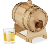 Relaxdays barril madera 1,25 l con grifo y soporte, vino, whisky, licor, dispensador, 1 ud., 23 x 16 x 25,5 cm, marrón