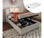 Cama tapizada lámpara de lectura para cama individual con cabezal con función de carga 90x200 con somier, natural (con colchón)