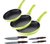 Set 3pc sarten (20+24+28cm) aluminio prensado verde con set 4pc cuchillos acero inoxidable