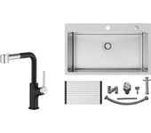 Auralum max fregadero cocina 1 tanque inox cepillado75*45*19cm-lavabo 1 bandeja con escurridor plegable+grifo cocina negro con ducha extraíble,2 jets