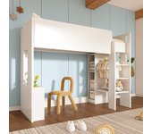 Cama infantil, cama alta individual 90 x 200 cm, cama de madera 3 en 1 versátil con compartimentos de almacenamiento, color blanco