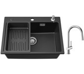 Cecipa max fregadero de cuarzo y resina 60*45cm, con escurridor y dispensador de jabón gratis + grifo monomando con ducha extraíble, cepillado