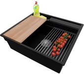 Primagran fregadero cocina negro 58x53cm, fregadero granito 1 seno + sifón + accesorios, fregadero sobre encimera al mueble 60cm - oslo pocket