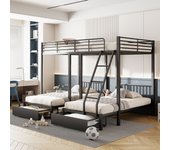Literas triples con 2 cajones - cama doble 140 x 200 cm y 2 camas individuales 90 x 200 cm - metal - negro