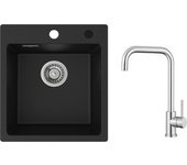 Fregadero de cocina 40x45 cm negro de cuarzo y resina de 1 seno + mezclador de cocina de acero inoxidable cepillado con caño alto y curvo
