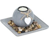 Relaxdays set de portavelas con bandeja y piedras decorativas, 15,5 x 15,5 cm, decoración de mesa, candelero, gris