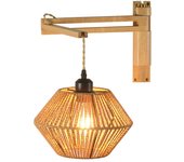 Lámpara de pared de madera simple retro, lámpara de pared de granja de cuerda de cáñamo japonesa, caqui, e27, sin bombilla
