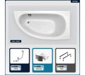 Bañera asimétrica - 150 x 70 cm - derecha - con revestimiento - patas - asas - reposacabezas - desagüe cromado - milena premium