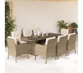 Conjunto de comedor de jardín y cojines 9 piezas poliratán beige
