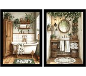 Set de 2 cuadros de baño rústicos con en estilo pintura al óleo vintage para decorar para inodoro ducha baño wc de casa de granja a4 marco negro