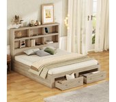 Cama doble 160x200cm con 2 cajones y librería, tablero de partículas de madera, somier de láminas, color natural