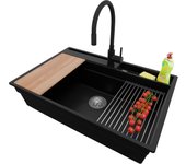 Primagran fregadero granito negro 78x53cm, fregadero cocina 1 seno + sifón + accesorios, fregadero sobre encimera al mueble 80cm - oslo pocket