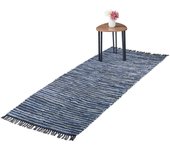 Relaxdays alfombra de pasillo con flecos, 80 x 200 cm, algodón y cuero, antideslizante, retazos, azul