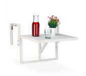 Relaxdays mesa balcón plegable, mesita auxiliar para colgar de barandilla, altura regulable, 55x70x65 cm, madera, blanca
