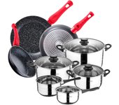 Pack 3 sartenes ø20/24/28 cm, aluminio forjado + bateria cocina 8 pcs: 5 cuerpos y 3 tapas de vidrio, acero inoxidable, inducción