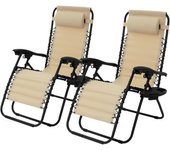 2x tumbona plegable beige silla de playa/piscina con reposacabezas y portavasos