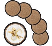 Relaxdays 6 salvamanteles, para mesa de comedor, jacinto de agua, manteles individuales, redondos, 37cm ø, natural/negro