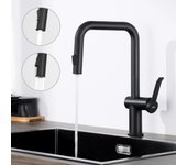 Auralum max grifo de cocina, mezclador de cocina con ducha extraíble, boca alta, inversor 2 jets (laminar/lluvia), rotación 360°, negro