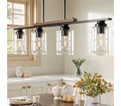 Iluminación de cocina de 4 luces, lámpara colgante de comedor de madera ajustable, lámpara colgante de cocina negra