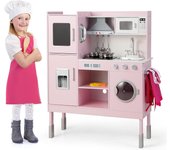 Costway cocina juguete para niños, cocina de juego con campana extractora, máquina de hielo y teléfono, 16 accesorios, sonidos y luces reales, set de