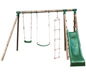 Columpio y tobogán de jardín de madera navajo 330 x 260 x 230 cm - tela protectora roja