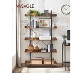 Estantería de 5 pisos marrón rústico, con estantes espaciosos y estructura de acero negro, fácil montaje, ideal para sala de estar y oficina