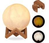 Relaxdays lámpara de luna 3d, dos colores, ajustable, táctil, inalámbrica, con soporte, 15 cm, blanco