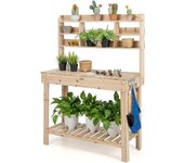Costway mesa de plantación de madera para macetas, mesa de jardín para macetas con estantes, tablero abrible, ganchos, mesa de trabajo de madera para