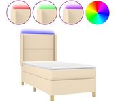 Cama con somier tapizado con colchón y luces led, tela crema, 90x200 cm
