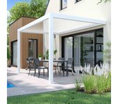 Pérgola bioclimática adosada blanca de 3x4m y 2 estores de 2,66x 2,34m ( 2 stores 2,66 x 2,34 m ) - oviala