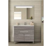 Mueble de baño bahia 2 puertas y un cajón incluye lavabo y espejo - roble smoky 90 x 45 cm