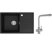 Fregadero de 1 sena en cuarzo y resina - fregadero negro con escurridor 78x45cm + mezclador de cocina para sistema de ósmosis