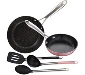 Set sartenes 16x4.0 y 20x5.0 cm aluminio forjado, aptas para inducción, con juego 3 utensilios de cocina nylon san ignacio vita