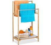 Relaxdays toallero de pie con balda inferior, 3 barras en escalera, soporte toallas, bambú, metal, 90x51x30,5cm, natural