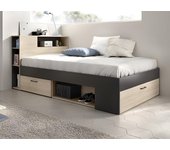 Cama con cabecero con compartimentos y cajones - 120 x 190 cm - color: natural y antracita + somier - leandre
