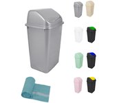 Cubo de basura con tapadera basculante - 30/50 litros - ideal para hogar y oficina | 50 l + bolsas (plata)
