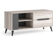Mueble de tv 110, 2 cajones + 1 puerta, salón, modelo kai, color roble, gris, 113x40x52cm de altura.