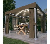 Cenador con cortina y guirnalda de luces led 3x3 m taupe