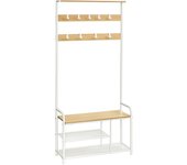 Perchero para recibidor con banco y zapatero integrado, estilo industrial, 30x85x180.5 cm, pasillo y dormitorio, roble y blanco