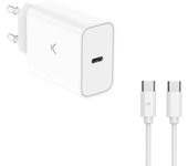 Cargador de red ksix 30 w, pps, power delivery, carga ultra rápida, usb-c + cable usb-c a usb-c 60 w, 1 m, blanco