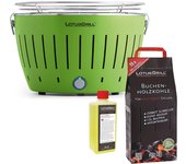 Barbacoa verde con pilas y cable de alimentación usb + 2,5kg de carbón de haya + gel combustible 500ml -lotus grill