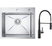 Cecipa max fregadero de acero inoxidable de 1 seno, 50 × 45 cm, fregadero cepillado + mezclador de cocina de resorte negro con ducha extraíble