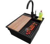Primagran fregadero granito negro 43x53cm, fregadero cocina 1 seno + sifón + accesorios, fregadero sobre encimera al mueble 45cm - oslo pocket
