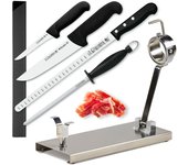Bello makalu - soporte jamonero profesional plegable en acero con cuchillos pinzas y chaira