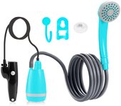 Ducha portátil para camping, bomba de ducha a batería para senderismo, viajes, playa, mascotas, flores, ducha de camping, color negro y azul