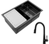 Cecipa max fregadero de 1 lavabo 70×44cm negro fregadero encastrable con escurridor y lavabo + grifo monomando con ducha extraíble,negro