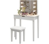 Tocador con espejo, taburete de maquillaje, juego de tocador con 6 bombillas led, blanco